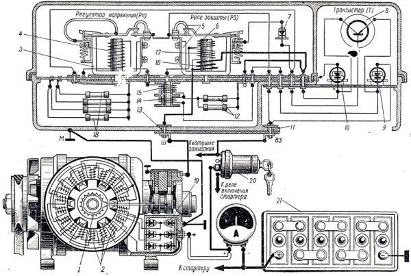 Схема проводки ГАЗ 3307: цепь включения генератора и регулятора напряжения