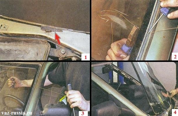 Снятие регулировочных клиньев, а так же распиливание старого клея и снятие лобового стекла с автомобиля